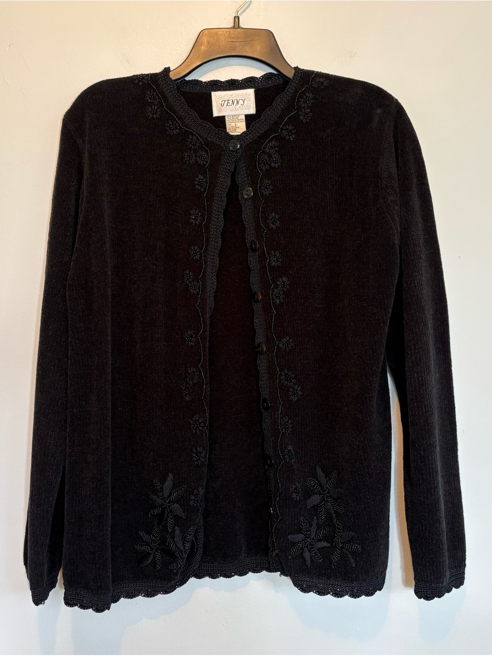 Vintage Embroidered Beaded Soft Black Cardigan Women’s Large Crochet Trim